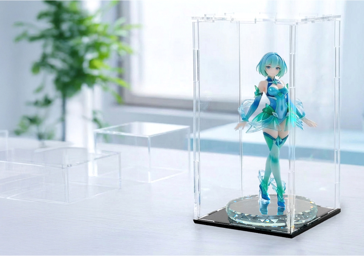 明るいリビングのテーブルに飾ったフィギュア